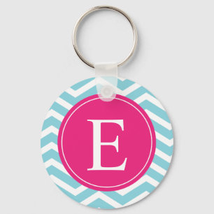 Blue White Chevron Bright Pink Monogram Key Ring