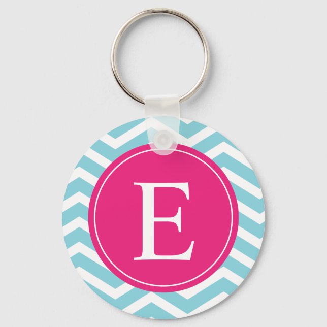 Blue White Chevron Bright Pink Monogram Key Ring (Front)