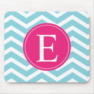 Blue White Chevron Bright Pink Monogram Mouse Mat