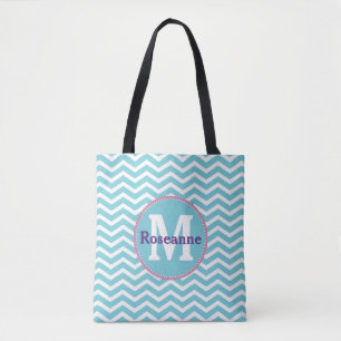 Blue White Chevron with Monogram and Name Tote Bag