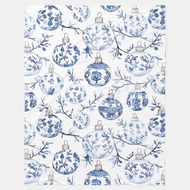 Blue White Chic Floral Christmas Ornaments Fleece Blanket (Front)