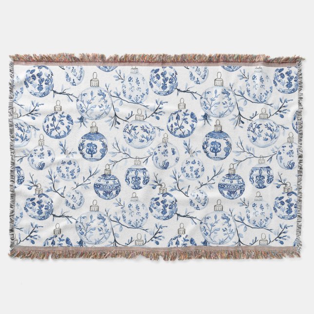 Blue White Chic Floral Christmas Ornaments Throw Blanket (Front)