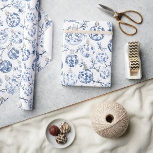 Blue White Chic Floral Christmas Ornaments Wrapping Paper