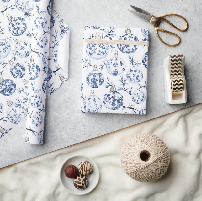 Blue White Chic Floral Christmas Ornaments Wrapping Paper (Crafts)