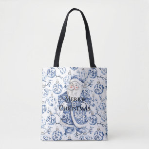 Blue White Chic Floral Christmas Santa & Ornaments Tote Bag