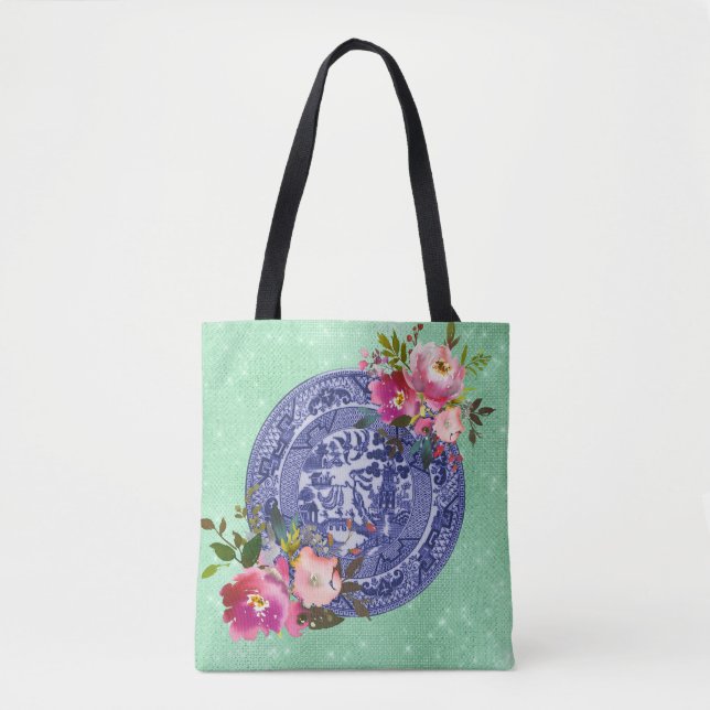 Blue & White China Blue Willow And Roses Tote Bag (Front)