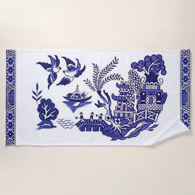 Blue & White China Blue Willow Design Beach Towel (Front)
