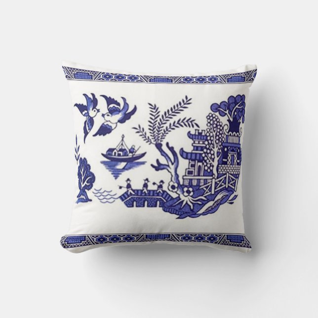 Blue & White China Blue Willow Design Cushion (Front)