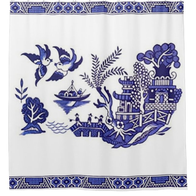 Blue & White China Blue Willow Design Shower Curtain (Front)