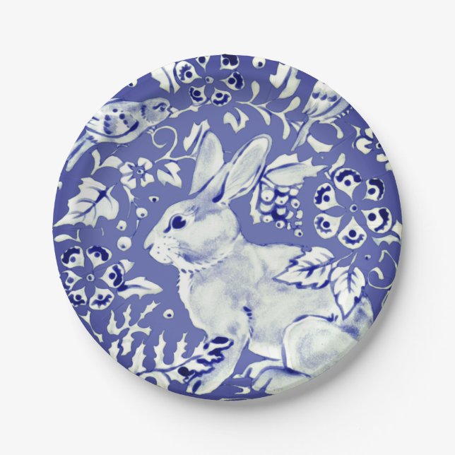 Blue White China Look Rabbit Bird Floral & Foliage Paper Plate (Front)