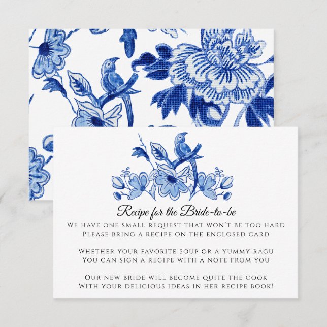Blue White Chinese Bird Floral Recipe Enclosure Invitation (Front/Back)