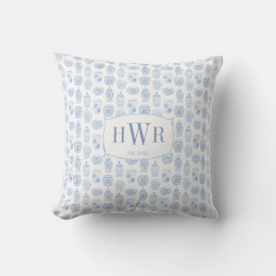 Blue White Chinese Ginger Jar With Family Initials Cushion