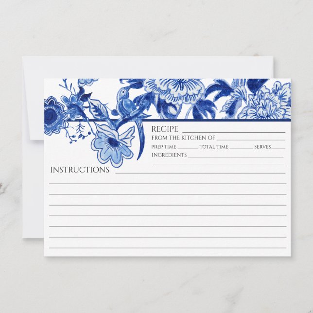 Blue White Chinoiserie Bird Bridal Recipe Card (Front)