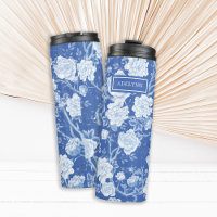 Blue White Chinoiserie Bird Floral Garden Monogram