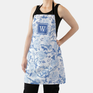Blue White Chinoiserie Bird Peony Garden Monogram Apron