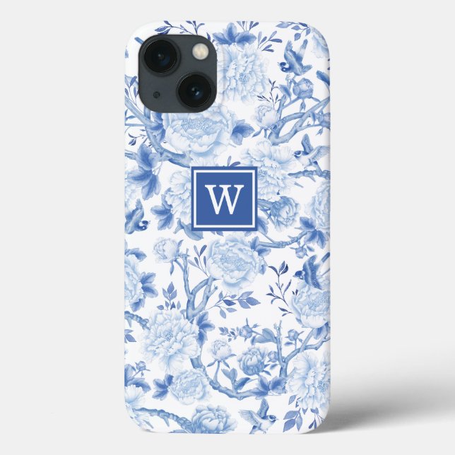 Blue White Chinoiserie Bird Peony Garden Monogram Case-Mate iPhone Case (Back)