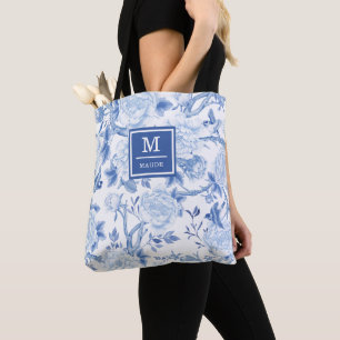 Blue White Chinoiserie Bird Peony Garden Monogram Tote Bag