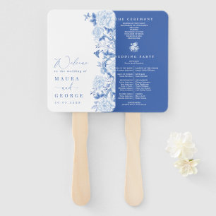 Blue White Chinoiserie Birds Peony Wedding Program Hand Fan