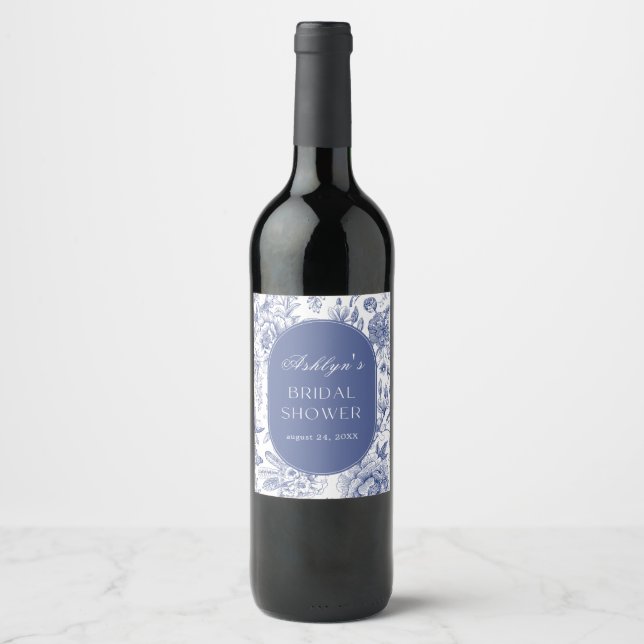 Blue White Chinoiserie Bridal Shower Wine Label (Front)