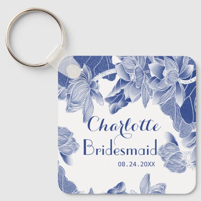 Blue White Chinoiserie Bridesmaid Wedding Favour Key Ring (Front)