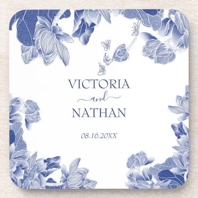 Blue White Chinoiserie Chic Floral Wedding  Coaster (Front)