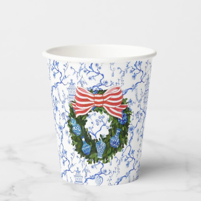 Blue & White Chinoiserie  Christmas Wreath Paper Cups (Front)
