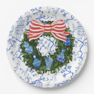 Blue & White Chinoiserie Christmas Wreath Paper Plate
