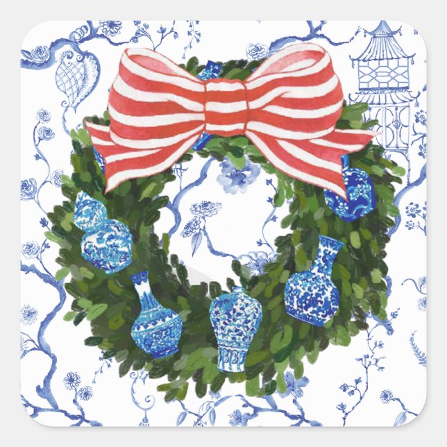 Blue & White Chinoiserie Christmas Wreath Square Sticker (Front)