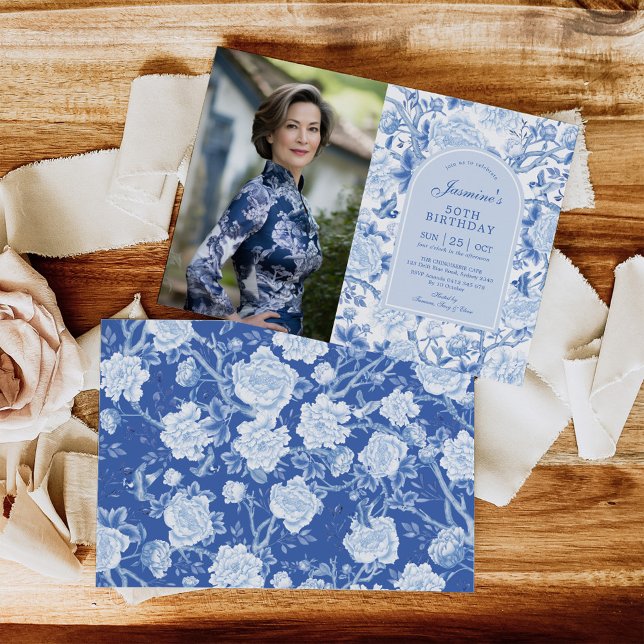 Blue White Chinoiserie Floral 50th Birthday Photo Invitation (Creator Uploaded)