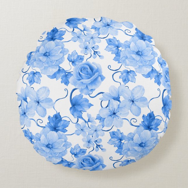 Blue & White Chinoiserie Floral Botanical Print Round Cushion (Front)