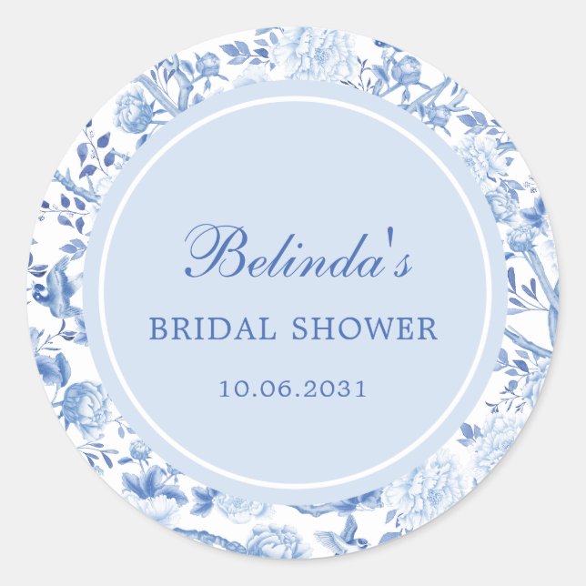 Blue White Chinoiserie Floral Bridal Shower Classic Round Sticker (Front)