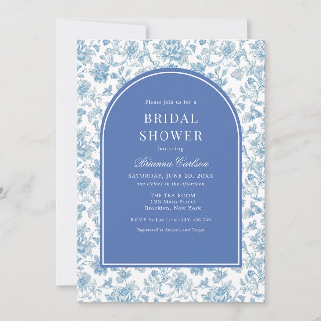 Blue White Chinoiserie Floral Bridal Shower Invitation (Front)