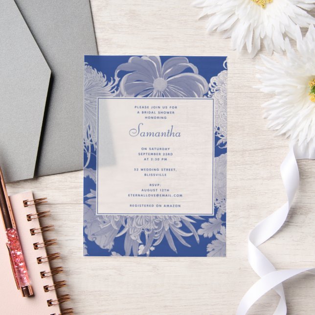 Blue White Chinoiserie Floral Bridal Shower Vellum Invitations (Wedding)
