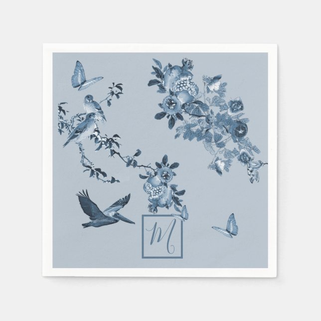Blue White Chinoiserie Floral Chic Monogram Napkin (Front)