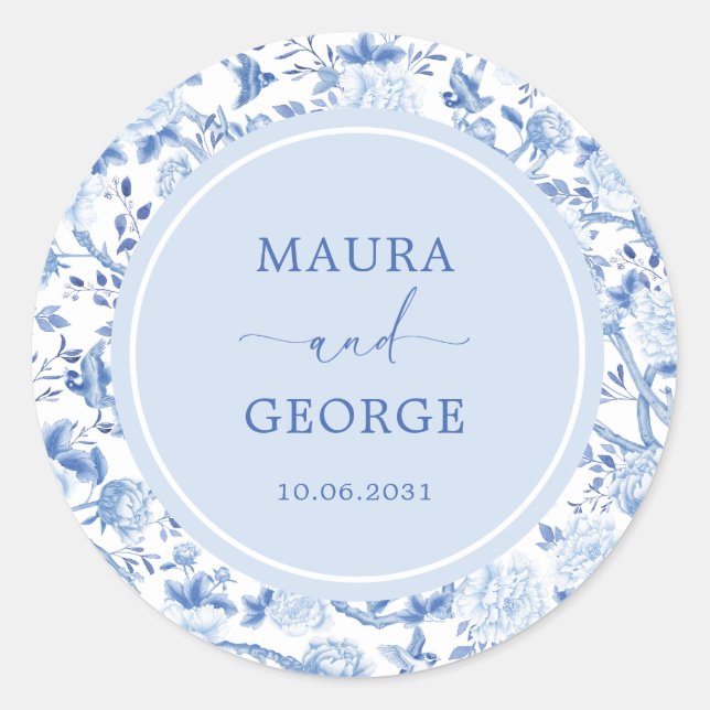 Blue White Chinoiserie Floral Coastal Wedding Classic Round Sticker (Front)