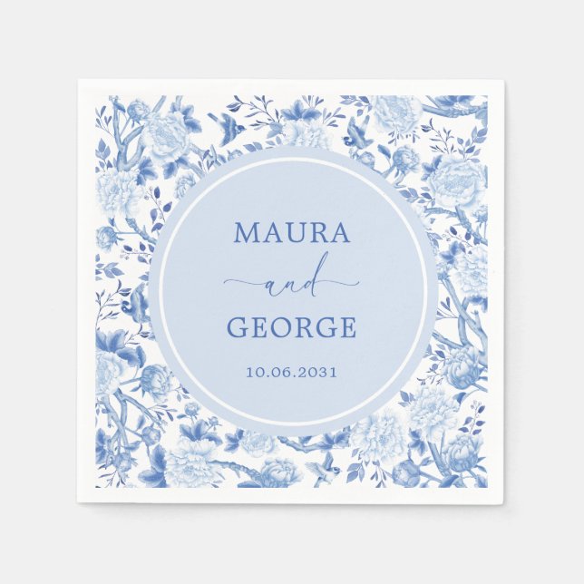 Blue White Chinoiserie Floral Coastal Wedding Napkin (Front)