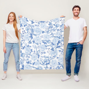 Blue White Chinoiserie Floral Garden Pattern Fleece Blanket