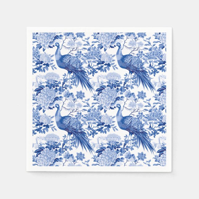 Blue White Chinoiserie Floral Peacock Birds Napkin (Front)