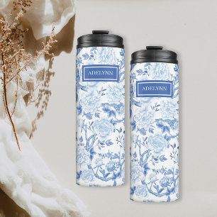 Blue White Chinoiserie Floral Porcelain Monogram Thermal Tumbler