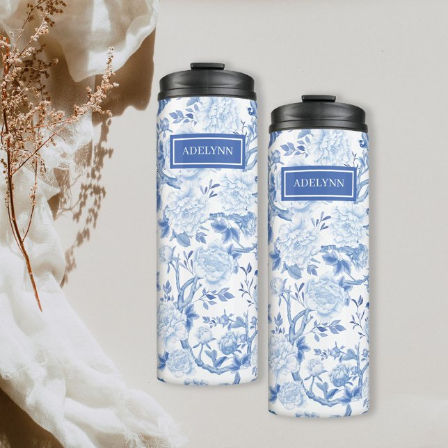 Blue White Chinoiserie Floral Porcelain Monogram Thermal Tumbler (Creator Uploaded)