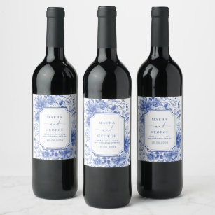 Blue White Chinoiserie Floral Porcelain Wedding Wine Label