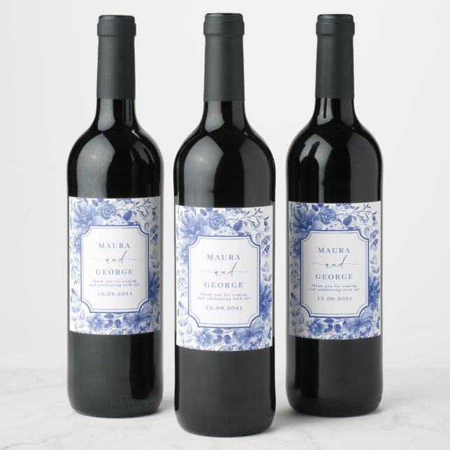 Blue White Chinoiserie Floral Porcelain Wedding Wine Label (Bottles)