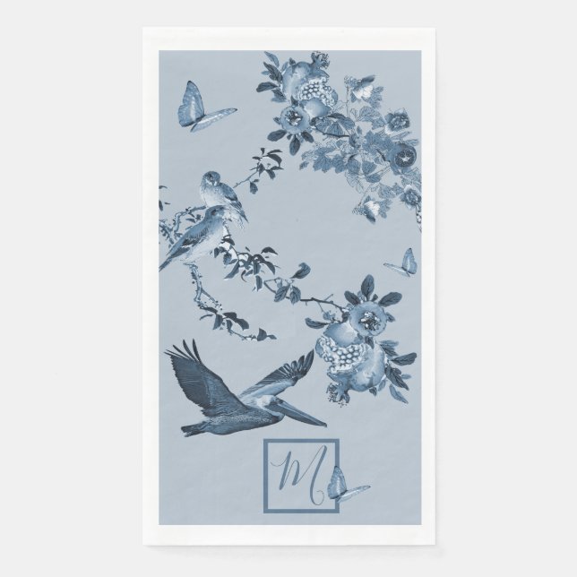 Blue White Chinoiserie Floral Stylish Monogram Napkin (Front)