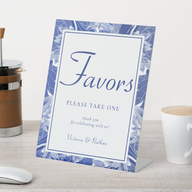 Blue White Chinoiserie Floral Wedding Favour Sign (In SItu)