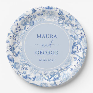 Blue White Chinoiserie Floral Wedding Monogram Paper Plate