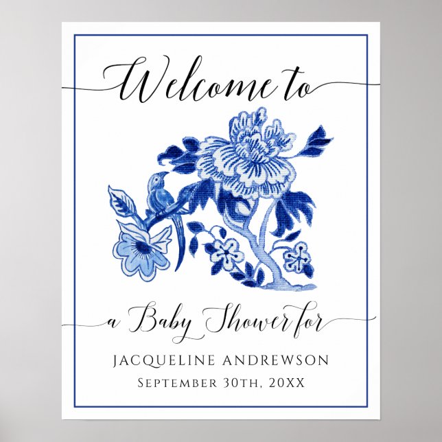 Blue White Chinoiserie Floral Welcome Baby Shower Poster (Front)