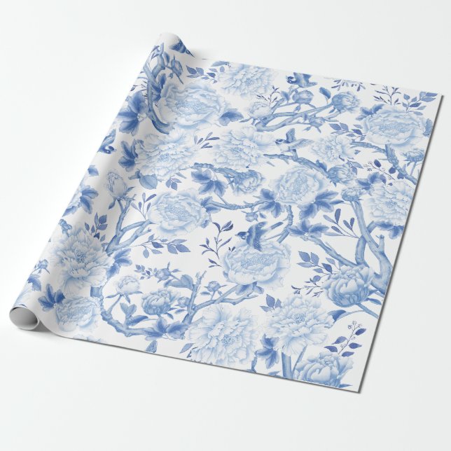 Blue White Chinoiserie Flowers Birds Porcelain Wrapping Paper (Unrolled)