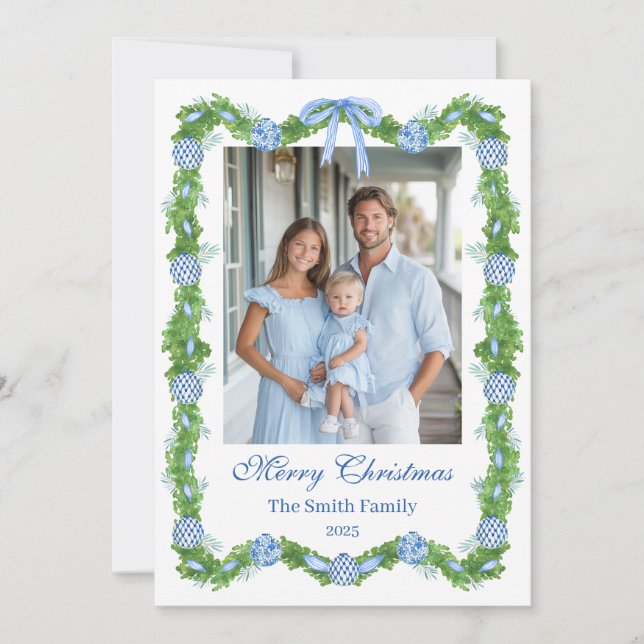 Blue & White Chinoiserie Garland Grandmillenial Holiday Card (Front)