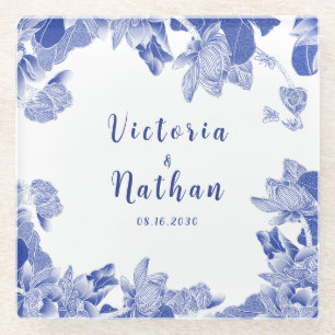 Blue & White Chinoiserie Lotus Floral Wedding  Glass Coaster
