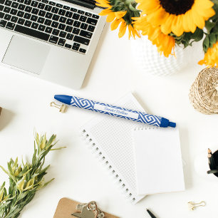 Blue White Chinoiserie Monogram Aztec Style Blue Ink Pen